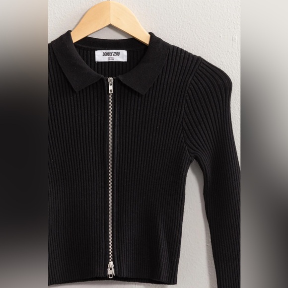 Ribbed double Zip Cardigan Top - Black - Picture 2 of 4